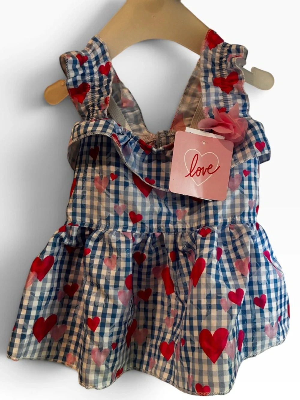 Love Brand Blue Gingham Dog Dress with Red Heart Print